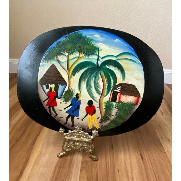 African Caribbean Hand Painting Palm Tree Cottage Thatch Roofing Beach Mountain
